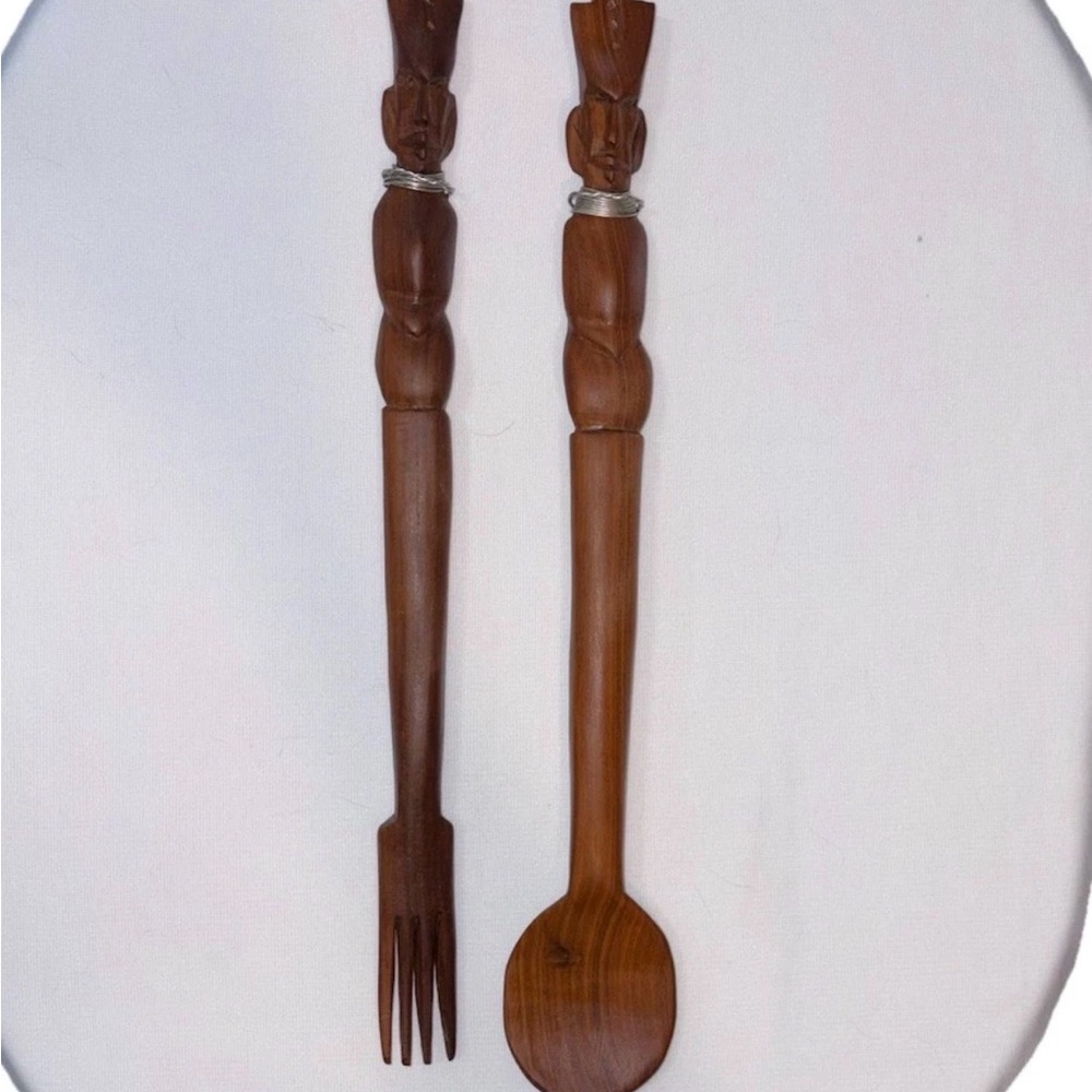 Vintage Handcrafted Wooden Fork & Spoon Serving Utensils From Kenya
